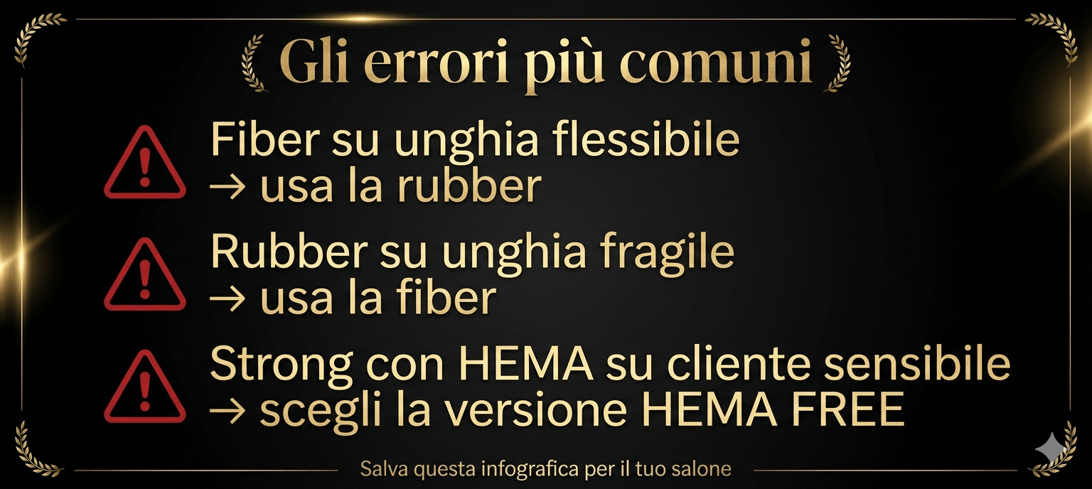 Infografica "Gli errori più comuni" nella scelta tra base rubber, fiber e strong per tipologia di unghia — Hony Nails